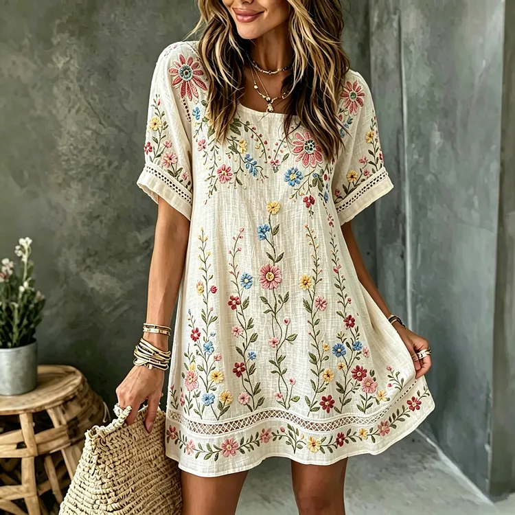 Women's Floral Art Embroidered Linen Blend Round Neck Mini Dress