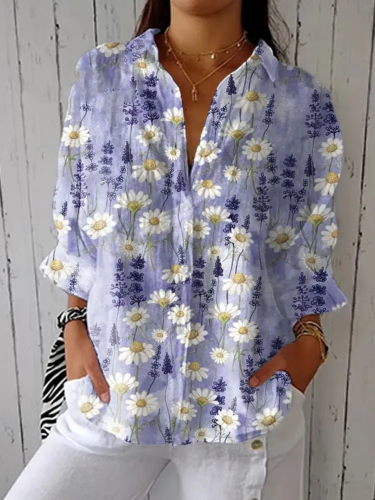 Women's Casual Cotton And Linen Vintage Floral Shirt