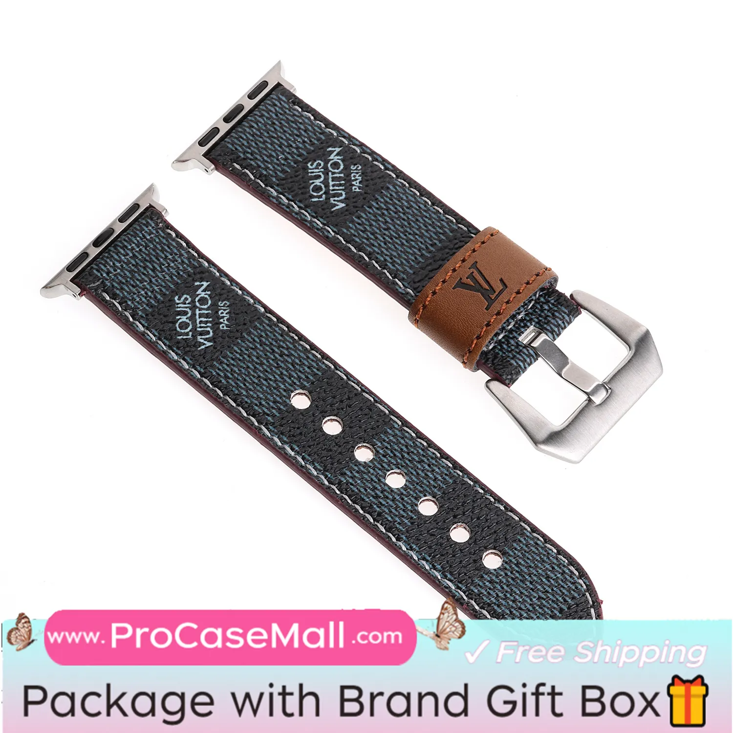 LV Genuine Leather Monogram Canvas Apple Watch Strap Checkerboard Canvas