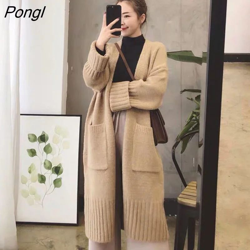 Pongl Women Long Solid Three Color Pockets Simple Warm Comfortable All-match New Fashion Elegant Korean Style Streetwear Chic