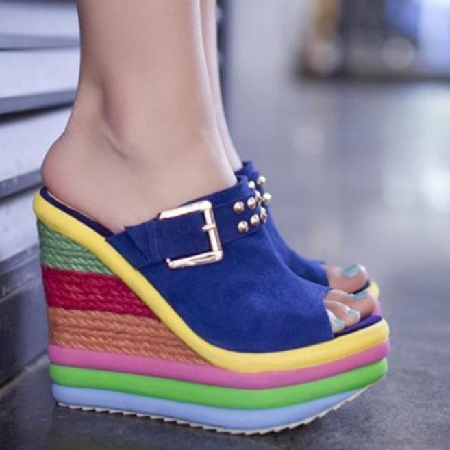 Women's peep toe rainbow colorful thick platform wedge slide sandals