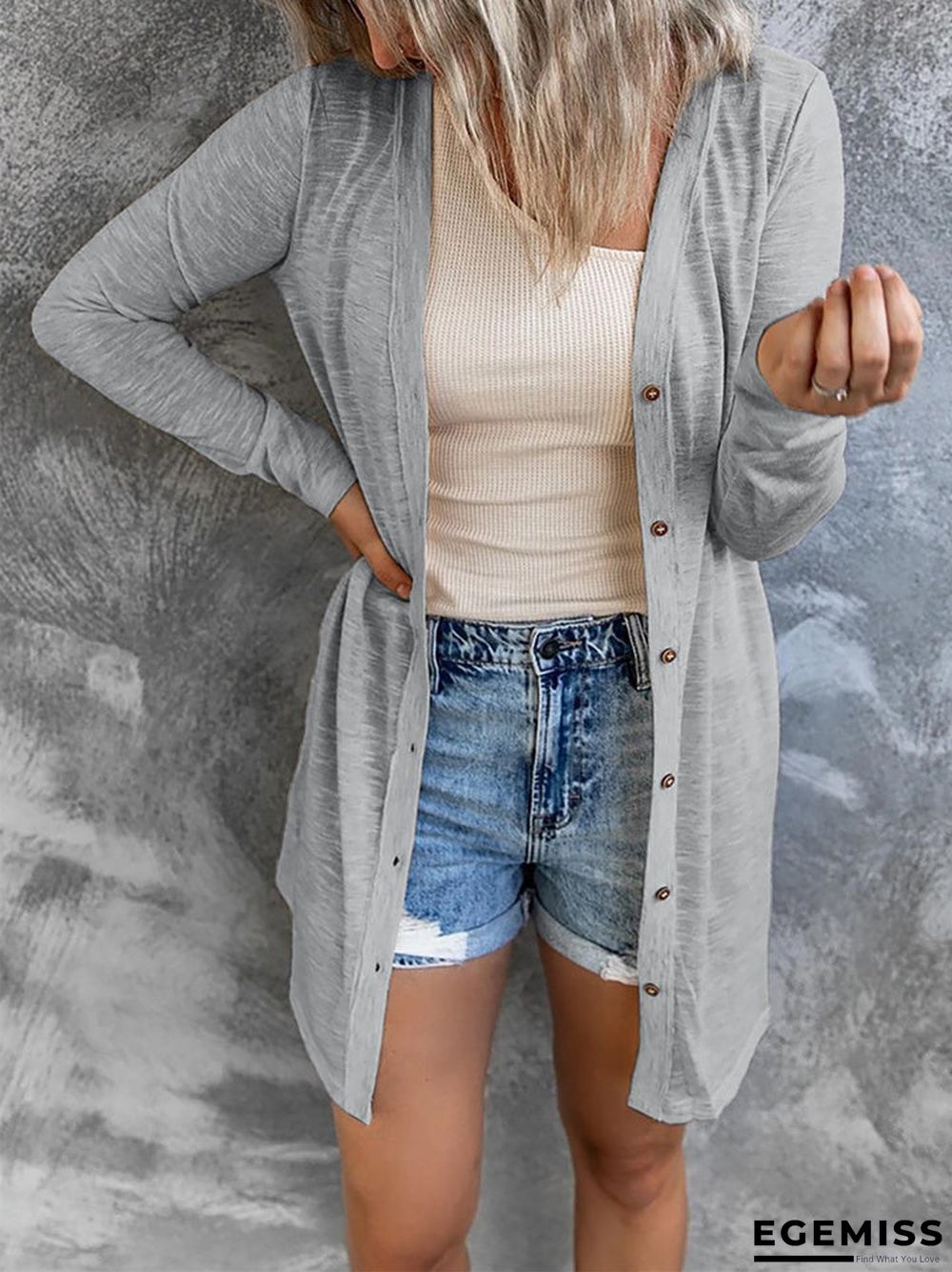 Long Button Solid Color Casual Long Sleeved Cardigan for Women | EGEMISS