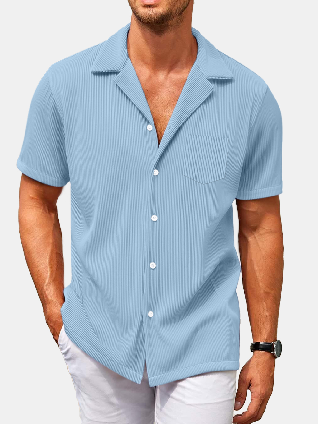 Men's Everyday Comfort Pit Pocket Cuban Collar Short Sleeve Shirt