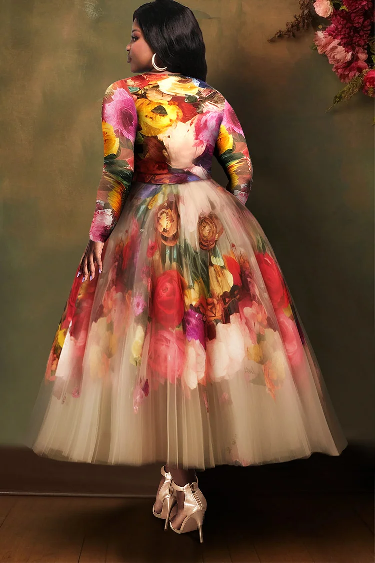 Xpluswear Design Plus Size Formal Multicolor Floral Round Neck Long Sleeve Pocket Tulle Maxi Dresses [Pre-Order]