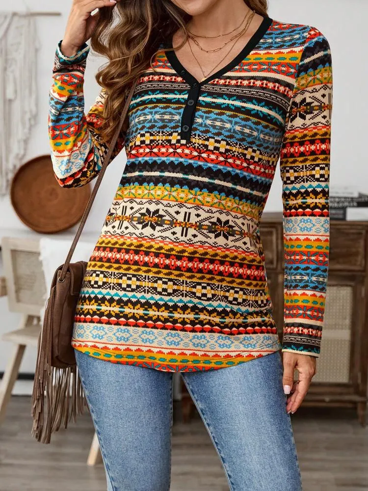 Women's Spring Summer V-Neck Long Sleeve Casual Geometric Print T-Shirt