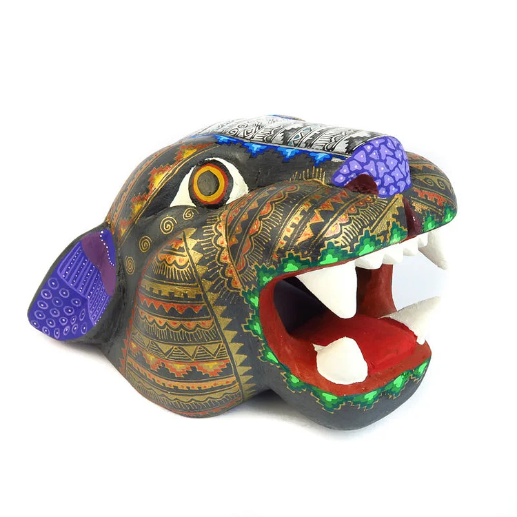 Black & Gold Jaguar Head - Oaxacan Alebrije Wood Carving