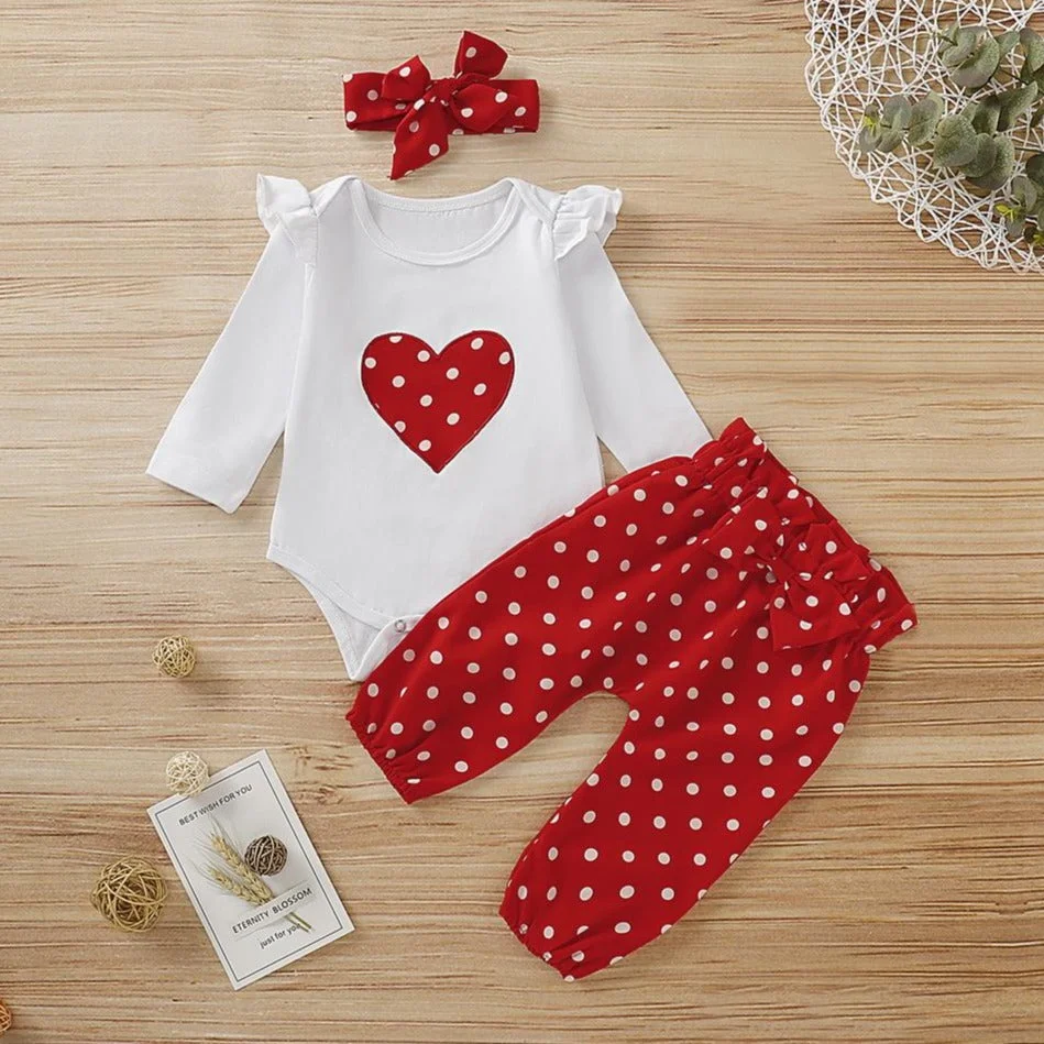 3PCS Heart Shaped Printed Polka Dot Long Sleeve Baby Girl Set