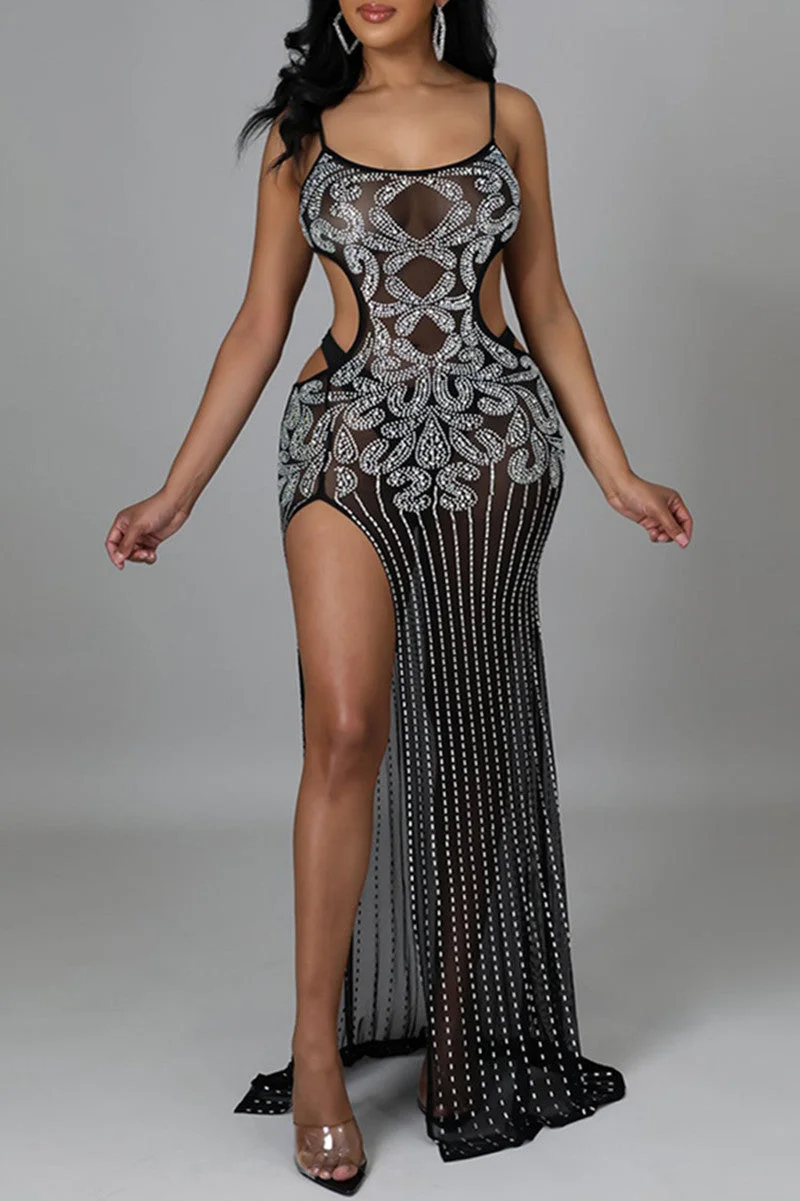 Fashion Sexy Hot Drilling Hollowed Out See-through Backless Slit Spaghetti Strap Long Dress