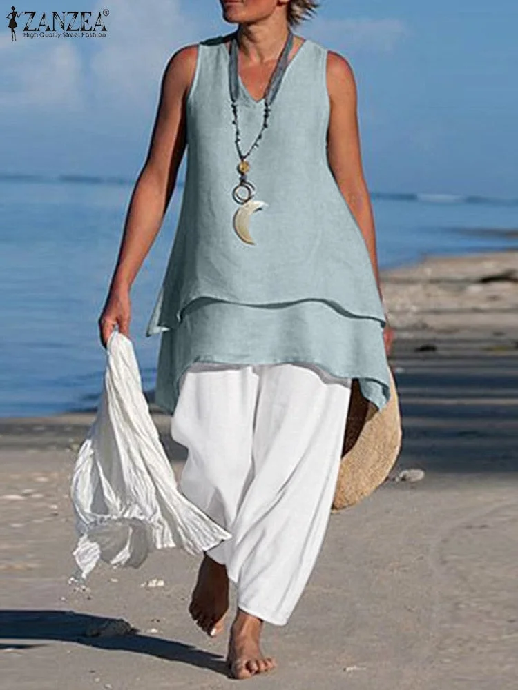 ZANZEA 2 Piece Sets Casual Loose Matching Sets Summer Urban Tracksuit Women Sleeveless Blouse Trousers Suits Wide Leg Pants Sets