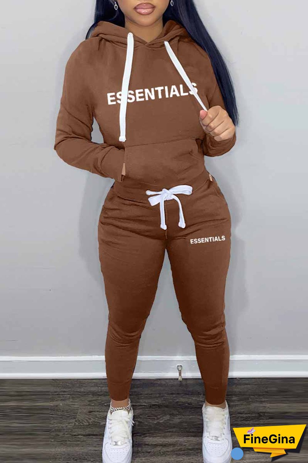 Pink Elegant Print Letter Hooded Collar Long Sleeve Two Pieces