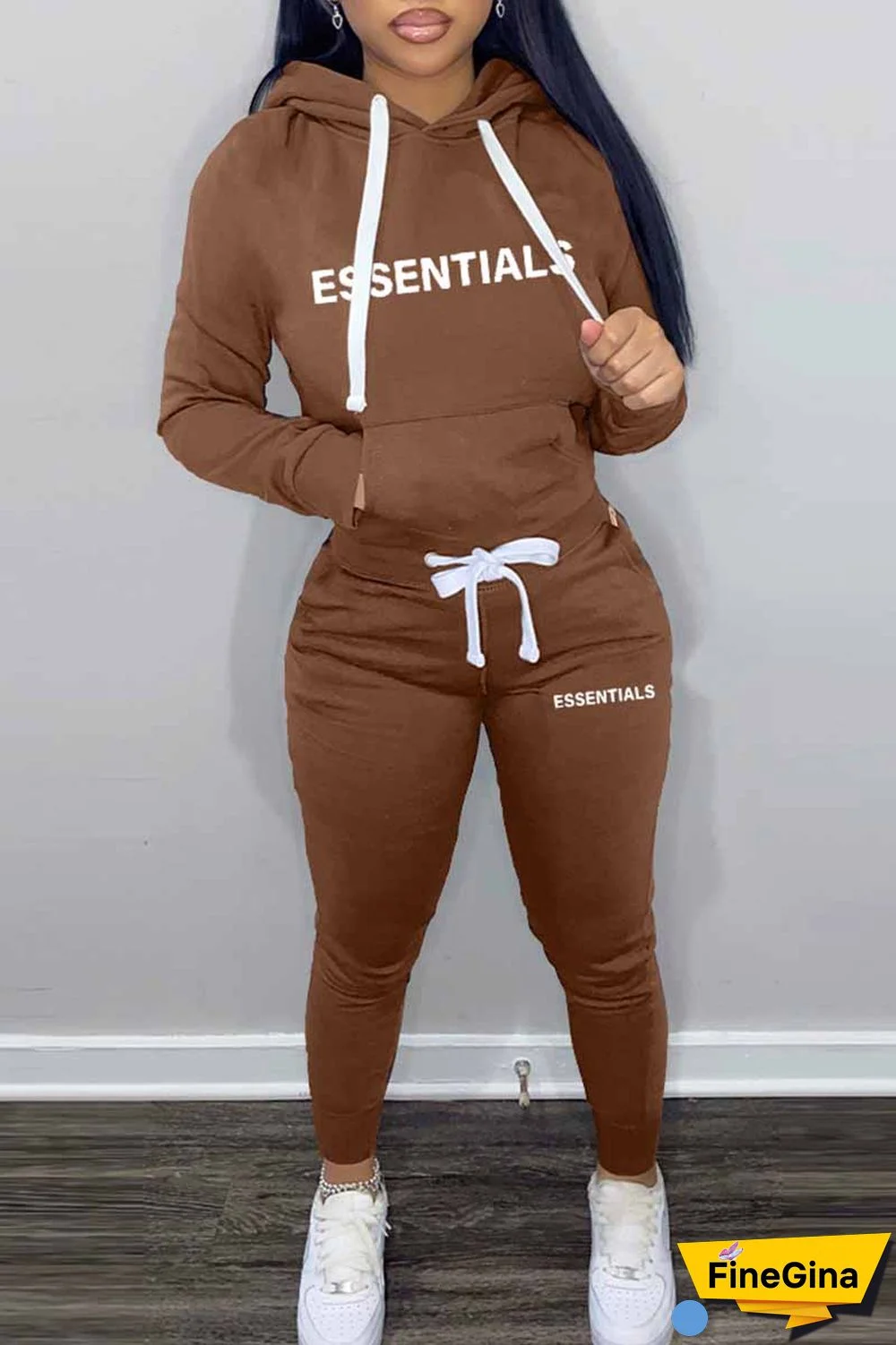 Pink Elegant Print Letter Hooded Collar Long Sleeve Two Pieces