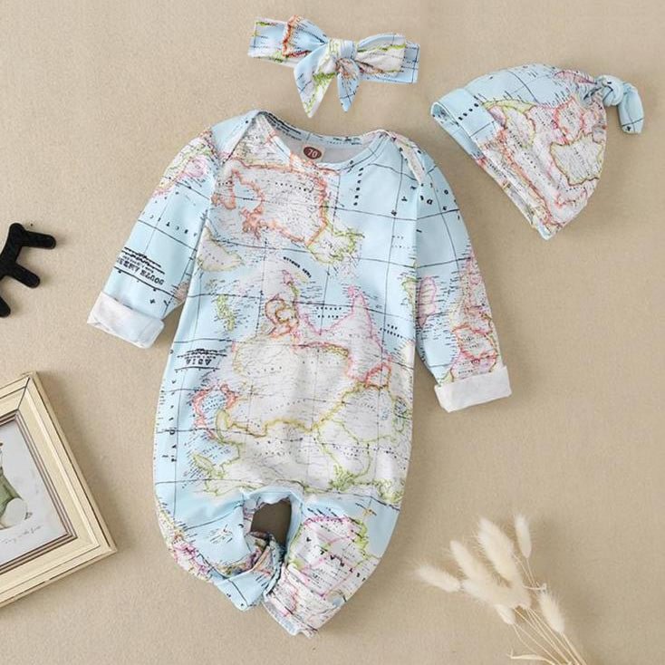 3PCS Lovely World Map Printed Long Sleeve Baby Jumpsuit
