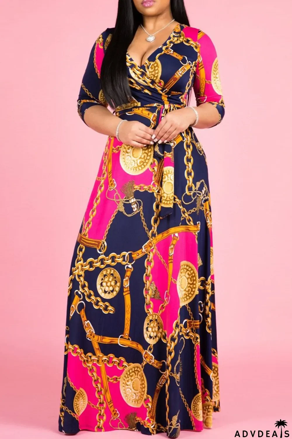 Multi-color Fashion Casual Print Bandage V Neck Long Sleeve Dresses