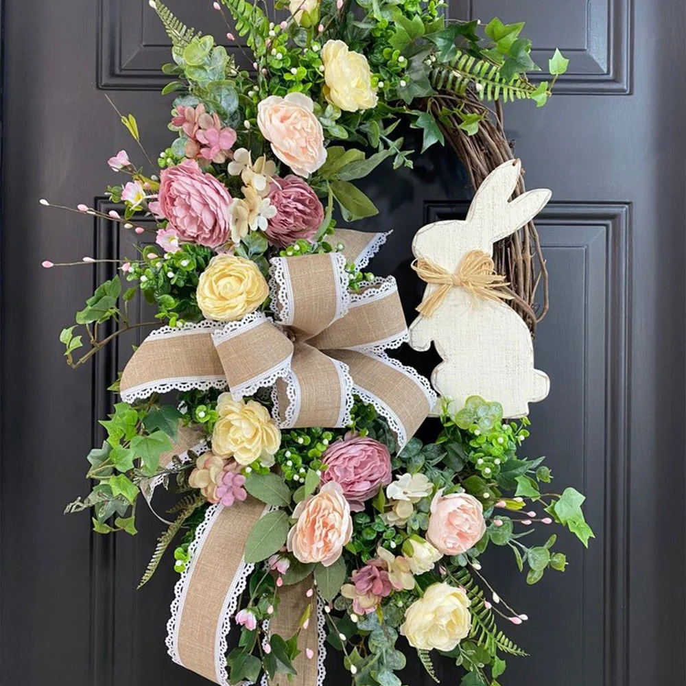 New Rabbit Wreath Plant Vine Circle Easter Decoration Door Hanging
