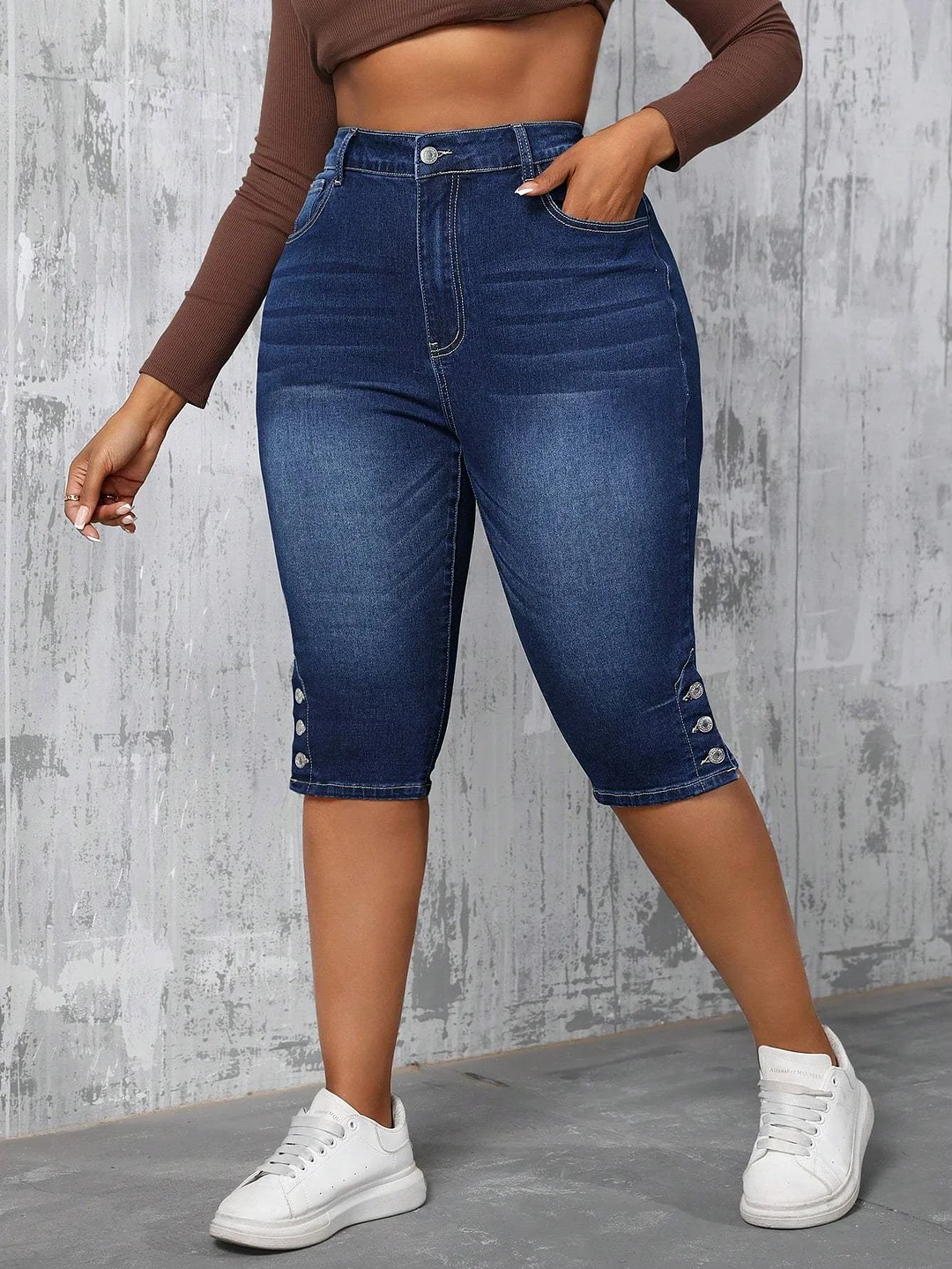 Plus Size - Women's Denim Skinny Pants - Women's High Waist Slim Fit Capri Jeans, Casual Style, Stretch Denim, Side Button Trim Hem Fashionable Summer Spring Collection | IFYHOME