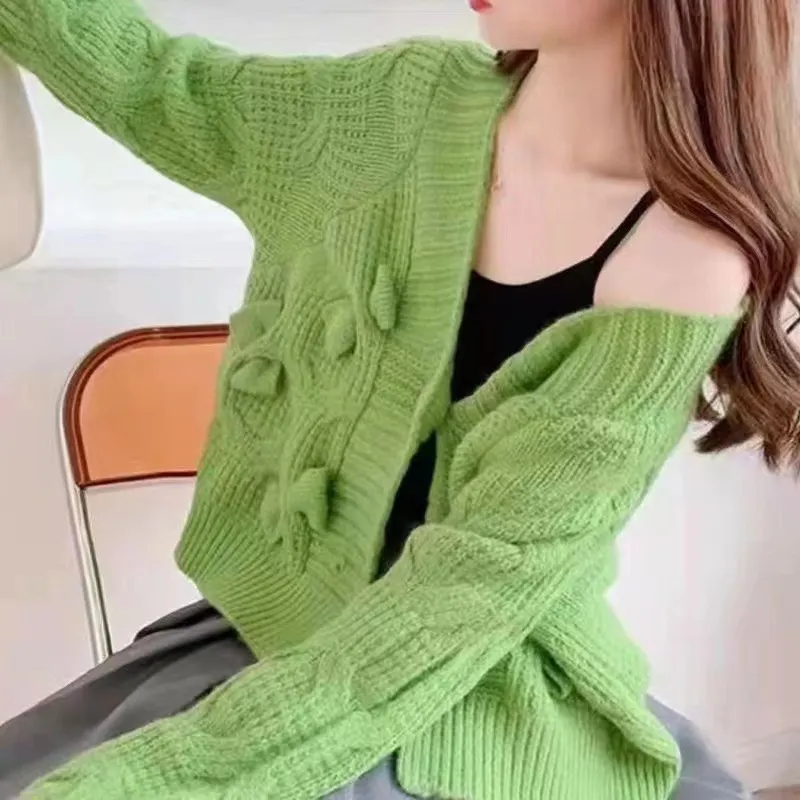 Churchf Churchf Outfit New Temperament Loose Outside Wear Knit Jacket Female Design Sense Bow Short Sweater Cardigan Coat Female
