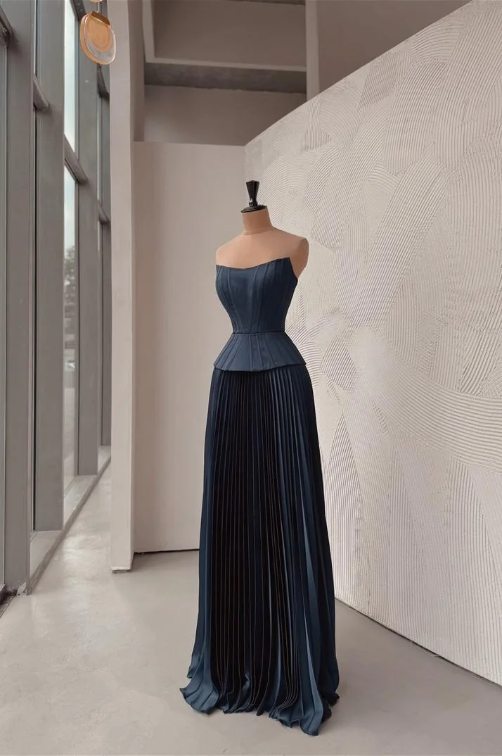 Miabel Chic Dark Navy Satin Strapless A Line Sleeveless Long Prom Dress with Ruffles  