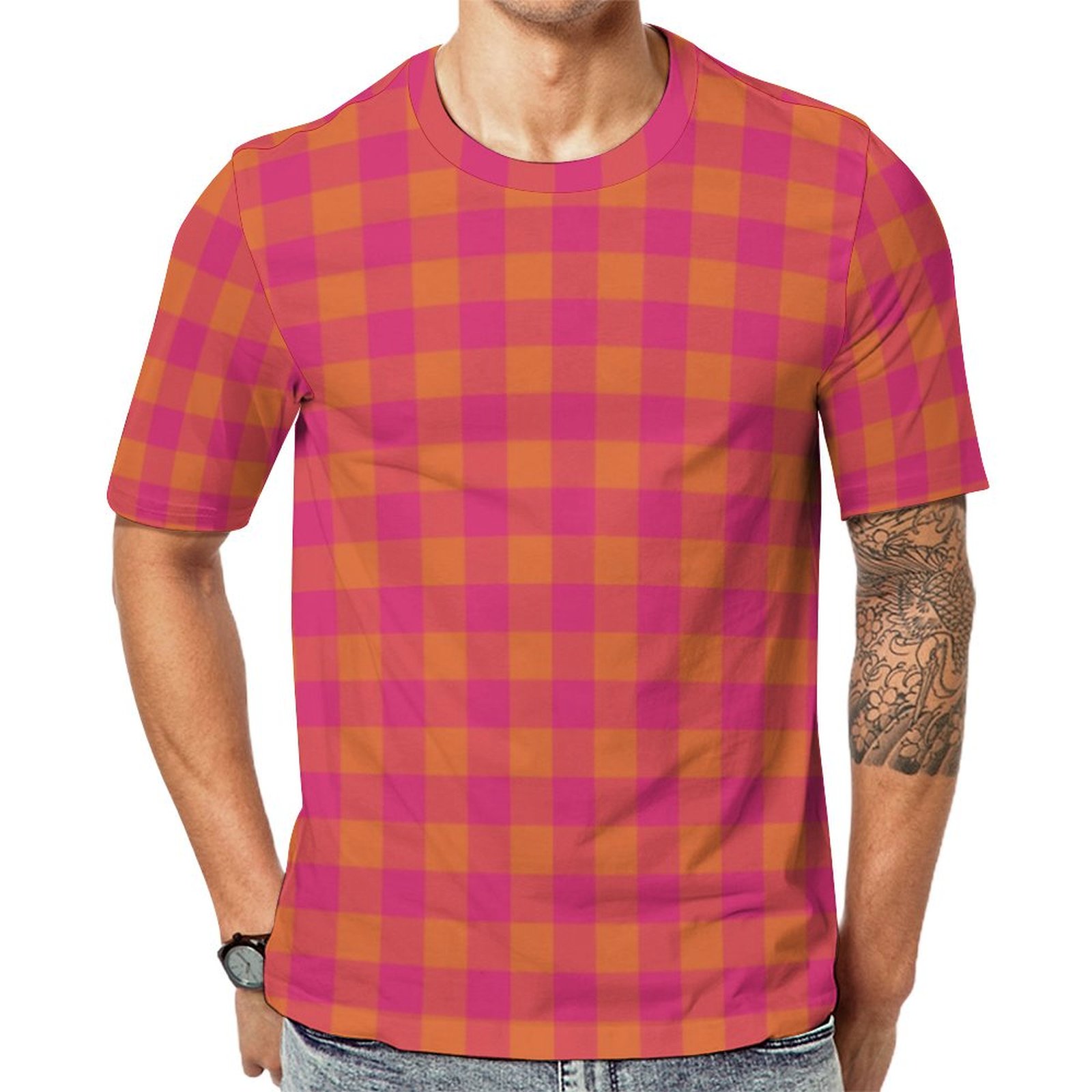 Retro Buffalo Plaid Tartan Pink And Orange Short Sleeve Print Unisex Tshirt Summer Casual Tees for Men and Women Coolcoshirts