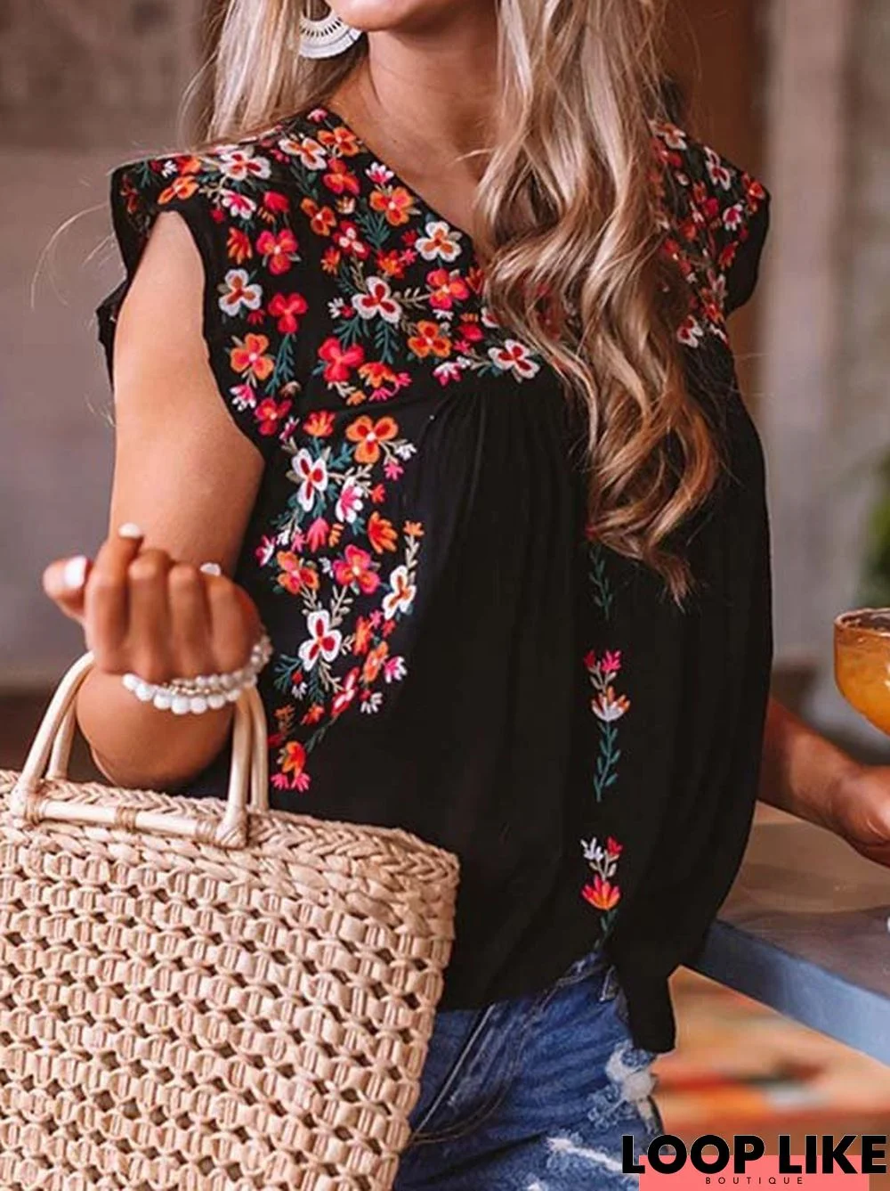 Sleeveless Floral-Print Crew Neck Casual Shirts & Tops