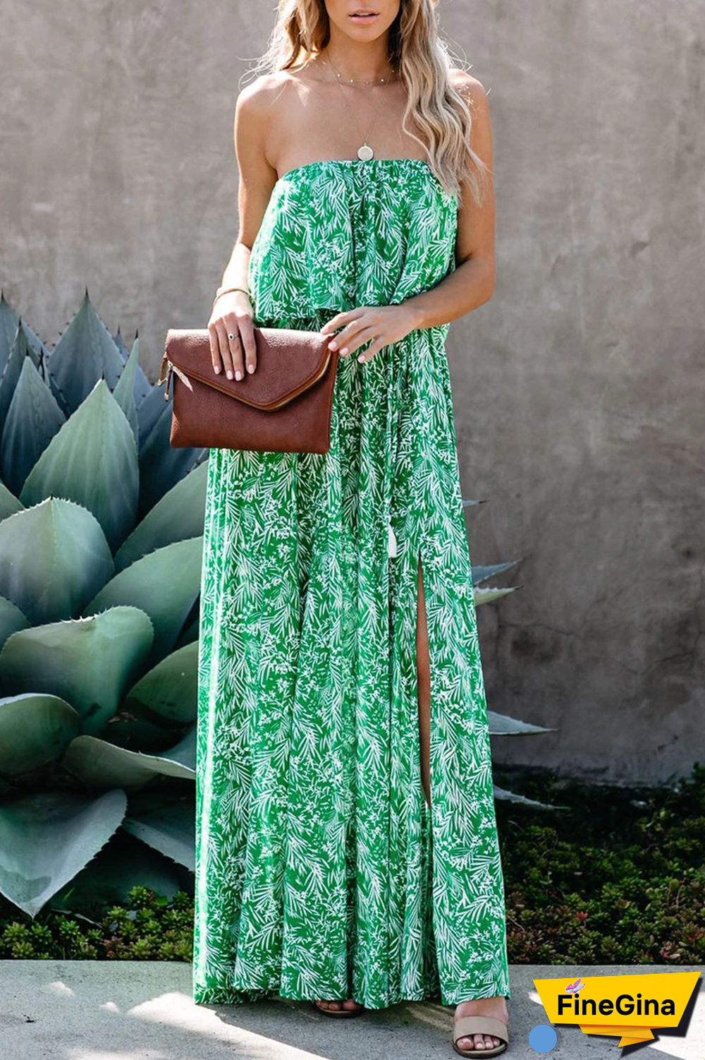 Casual Print Slit Strapless Waist Skirt Dresses