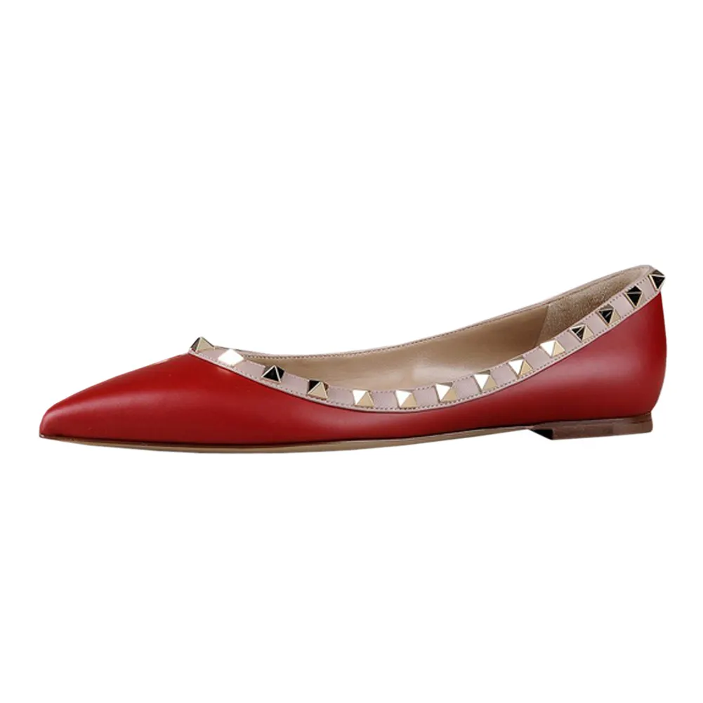 Pointed Toe Flats For Women Fashion Rivets Comfort Ballet Red Matte Flats Shoes-vocosishoes