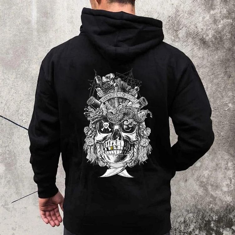 Black pirate print hooded sweatshirt