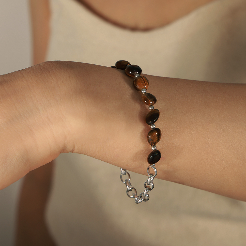 Groksage Stainless Steel Tiger Eye Stone Beads Necklace and Bracelet for Women Unisex Vintage Chain Splicing Womens Luxury Jewelry Sets