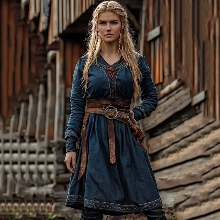 Womens Vintage Viking Tribal Celtic Design V Neck Linen Dress