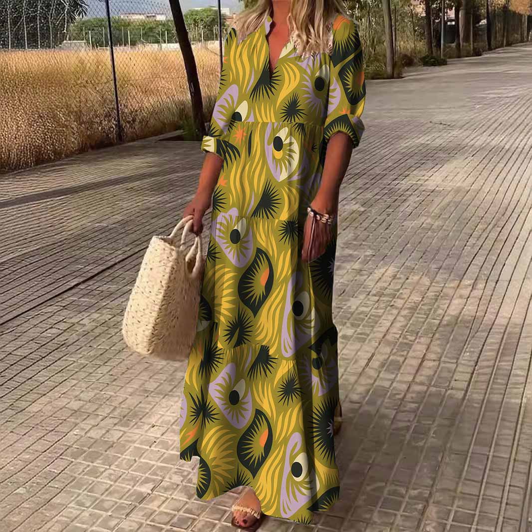 Women Animal, Yellow, Black DZDN0367 SPU Printed Long Sleeve V-neck Maxi Dress