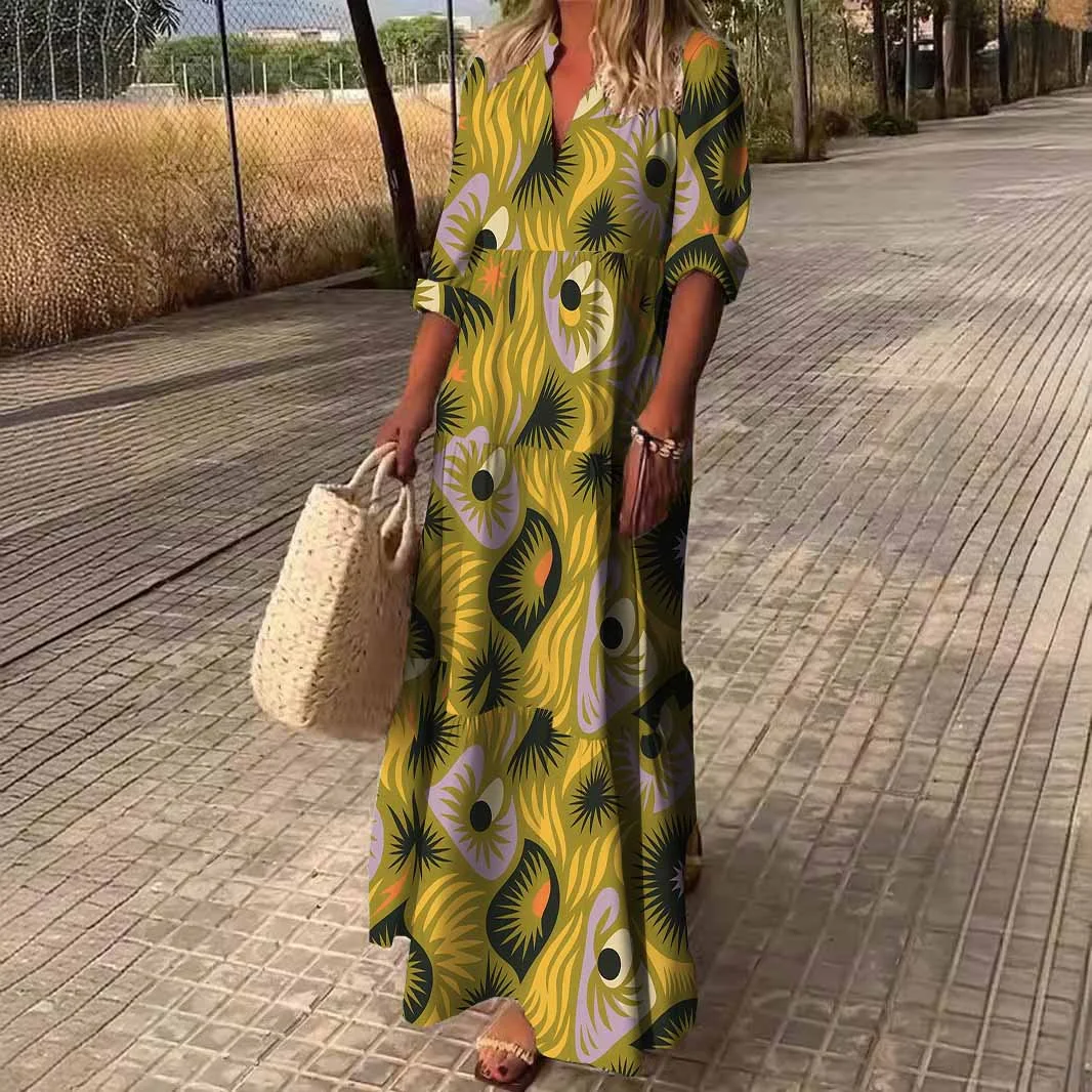Women Animal, Yellow, Black DZDN0367 SPU Printed Long Sleeve V-neck Maxi Dress