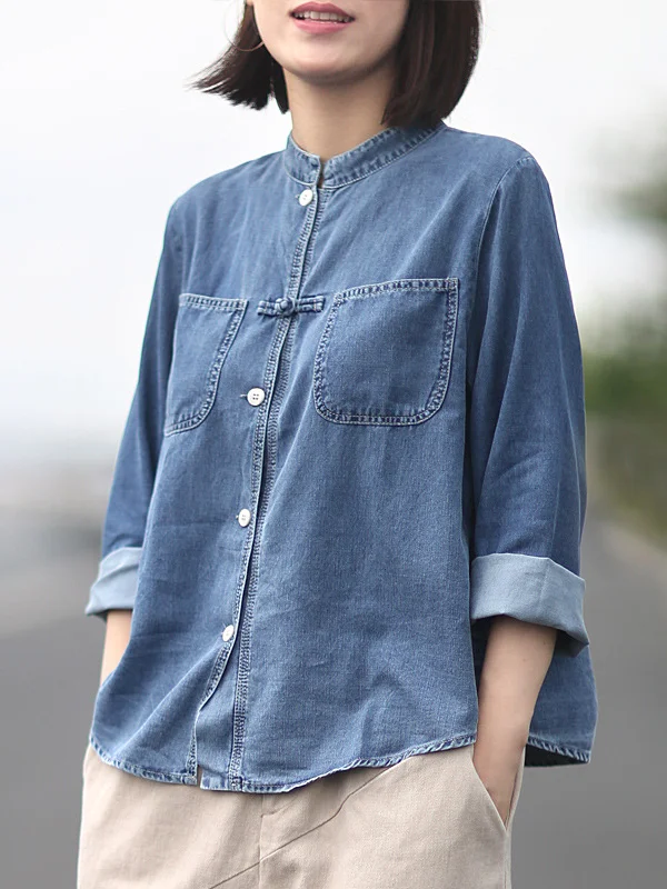 Vintage Button-Down Denim Stand-Up Collar Shirt - yankia