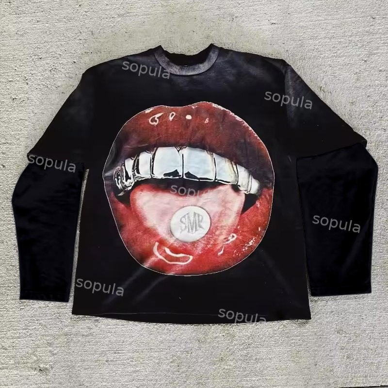 Sopula Vintage Lipstick Graphic Double Layer Acid Washed T-Shirt - SOPULA