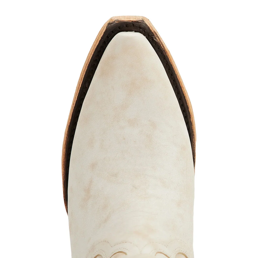 Ivory Snip Toe Chunky Heel Distressed Mid Calf Cowgirl Boots