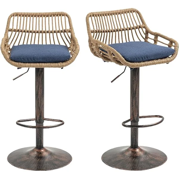 Swivel Bar Stools Set of 2, Modern Adjustable Counter Height Barstools with Back, Rattan Bar Chairs Patio Stool with Cushions & Metal Footrest, Pub Stools for Kitchen, Bar, Dining Room