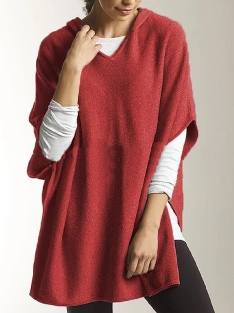 Hooded Solid Color Splited Half Sleeve Blouse For Women P1576997