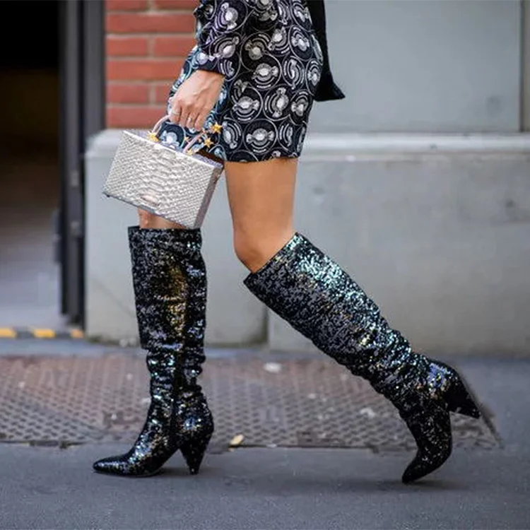 Black Fashion Boots Cone Heel Knee High Boots |FSJ Shoes