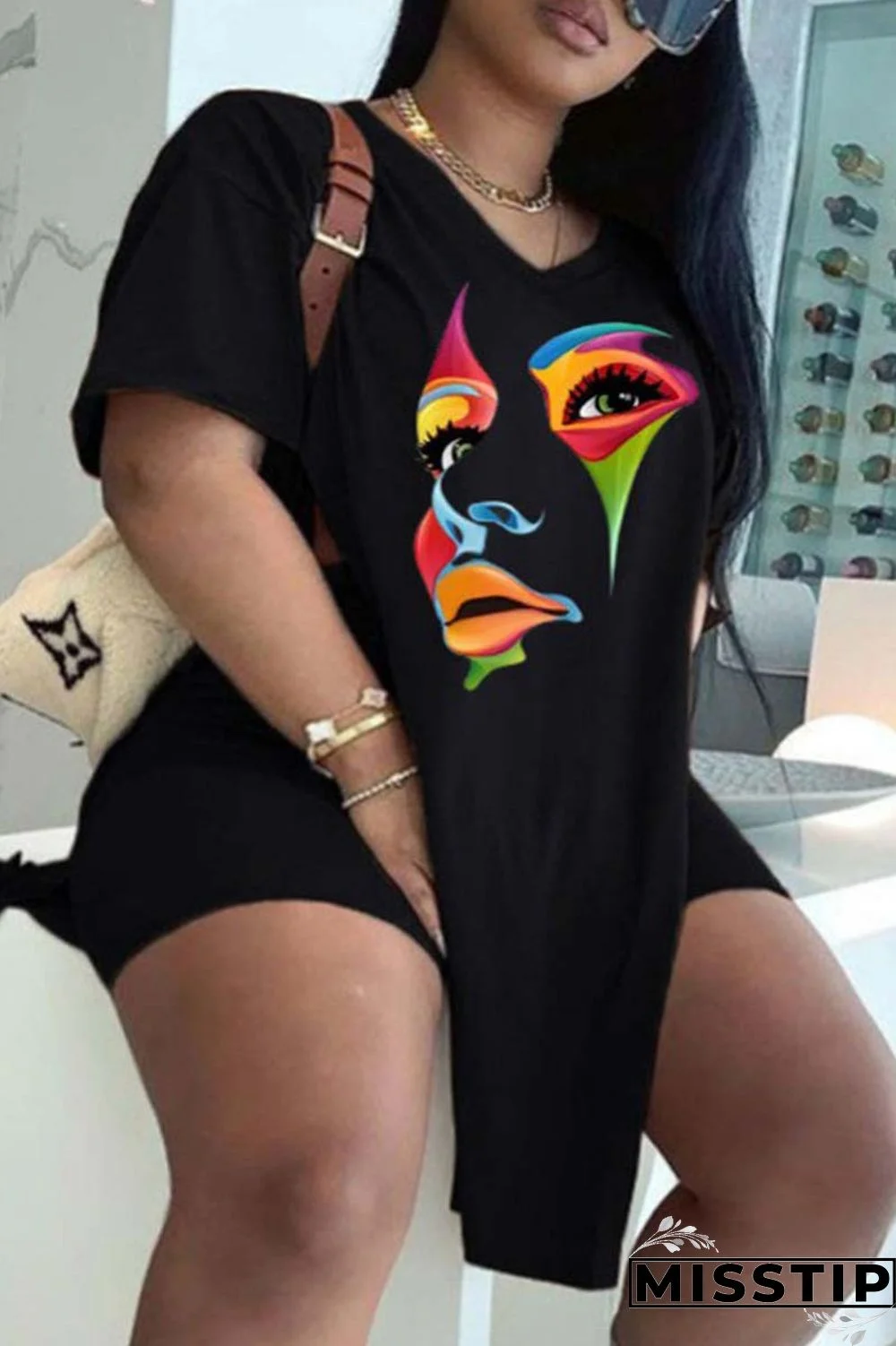 Black White Casual Print Patchwork V Neck Plus Size Two Pieces