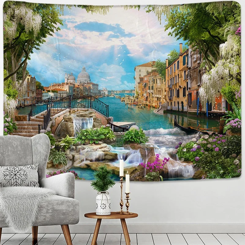 Fake Frame Tapestry Wall Hanging River Sky Clouds Bohemian Dorm Decor Yoga Mat Rug Architectural Attraction Venice