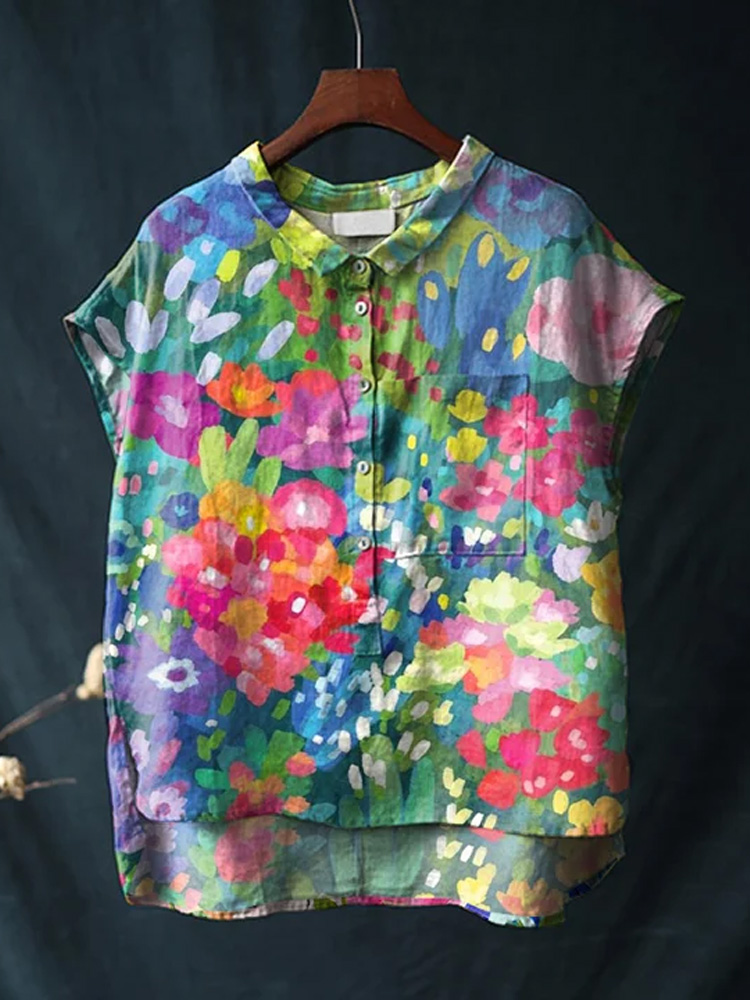 Women's Floral Print Casual Cotton And Linen Short-Sleeved Shirt