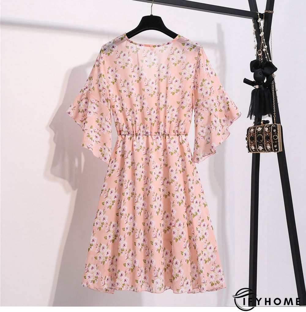 Spring Summer Chiffon Women V-Neck Floral Print Short Dresses Sweet Ruffle Sleeeve Slim Drawstring Ladies Dress | IFYHOME