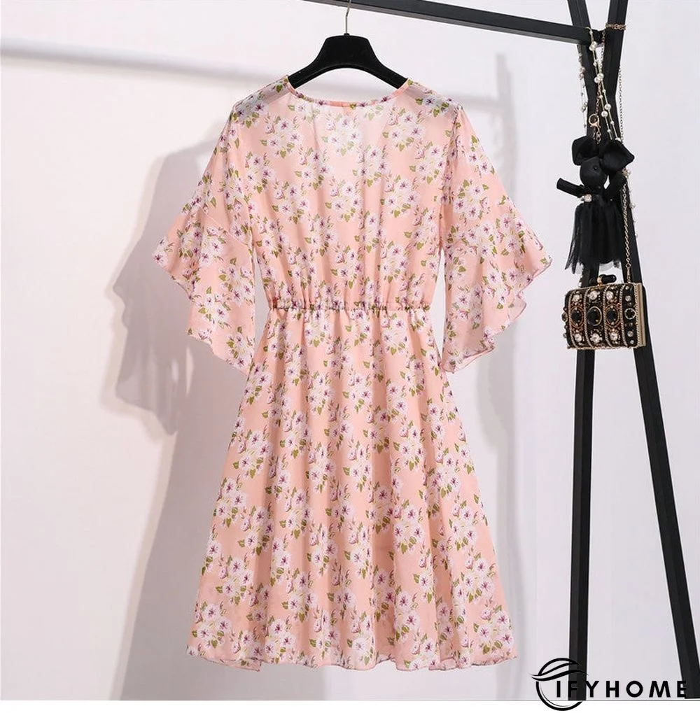 Spring Summer Chiffon Women V-Neck Floral Print Short Dresses Sweet Ruffle Sleeeve Slim Drawstring Ladies Dress | IFYHOME