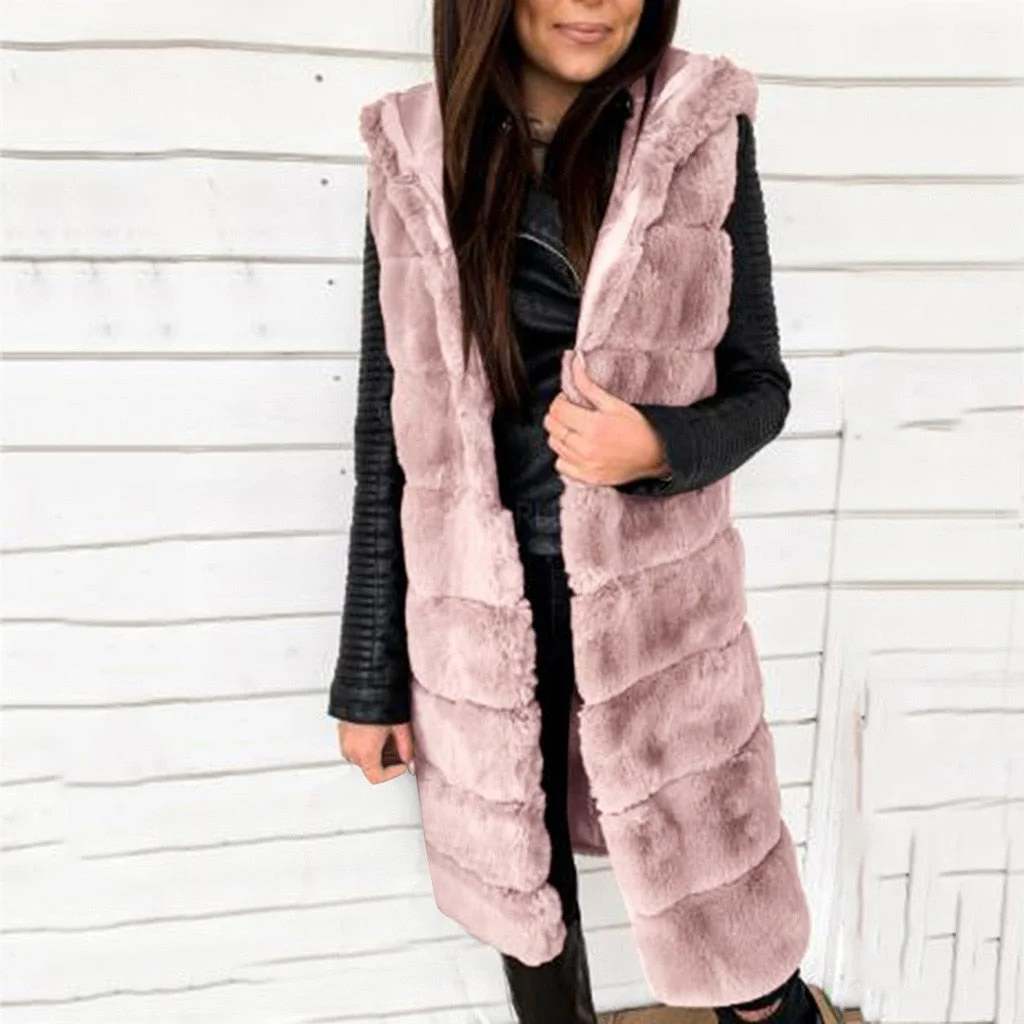 Fashion Solid Plush Long Jacket Vest Waistcoat Cardigan Casual Ladies Faux Coat Winter Sleeveless Streetwear Womens Outerwear
