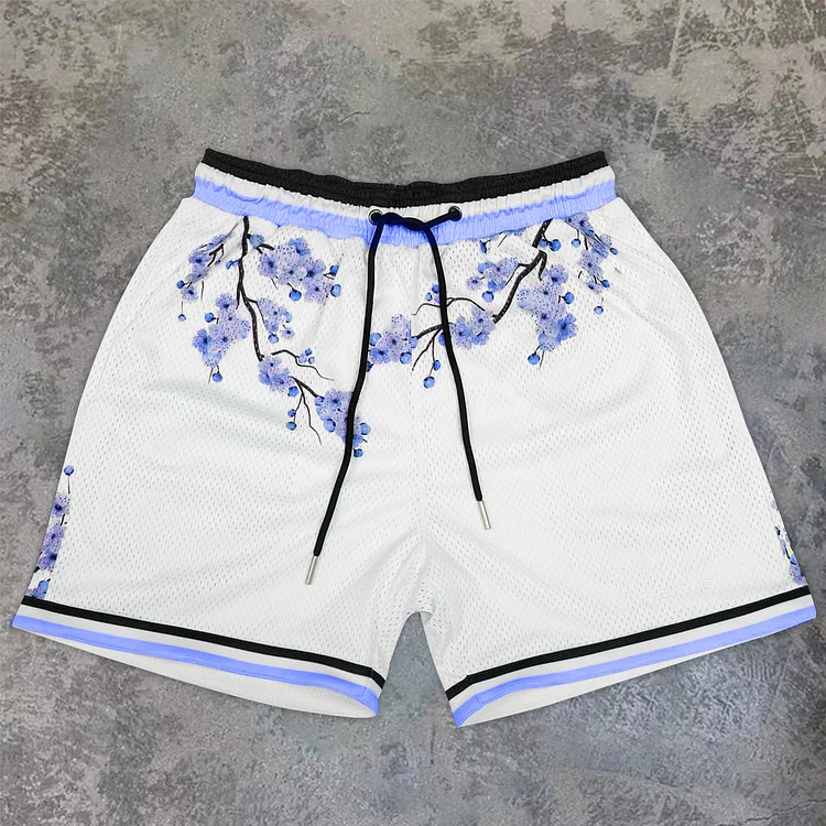 VChics Men's Art Blue Cherry Blossom Mesh Shorts