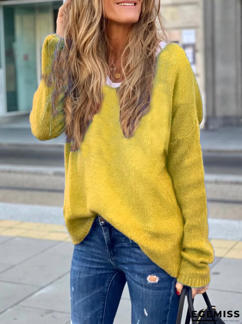 Blue Long Sleeve V Neck Shirts & Tops | EGEMISS