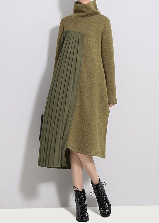 Army Green Silk Patchwork Thick Knit Dress Spring CK018- Fabulory