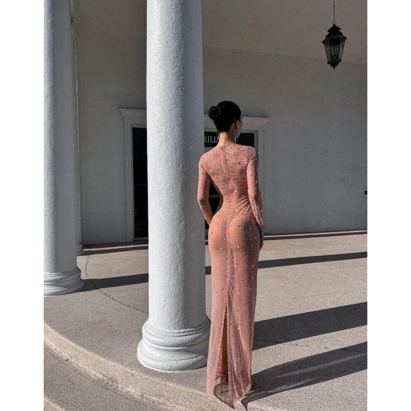 Ootddress Glitter Female Cover up Maxi Dress Mesh See-Through Split Fashion Long Sleeve Slim Sexy Beach Cover up Dress For Women New