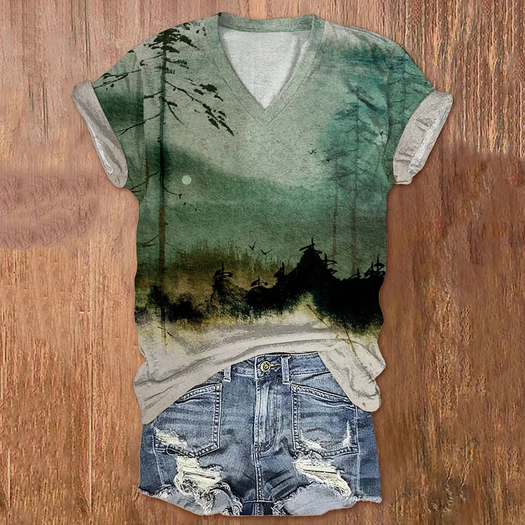 Comstylish Women's Bamboo Mountain Landscape Japanese Art Print Casual T-Shirt