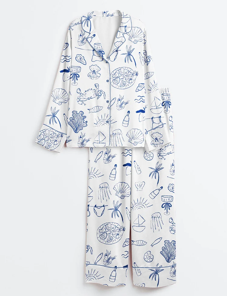 Women&rsquo;s Hand Drawn Coastal Icon Summer Line Art Dolce Vita Amalfi Coast Print Long Sleeve Satin Pajama Set