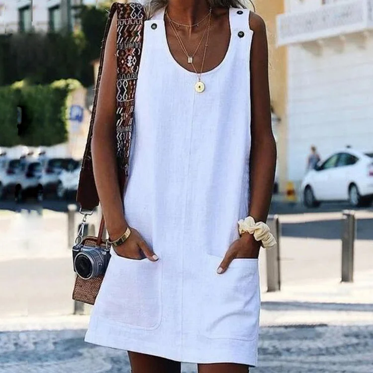 O-neck Button Mini Dresses Summer Solid sleeveless Pockets Dress Casual Beach A-line Dress
