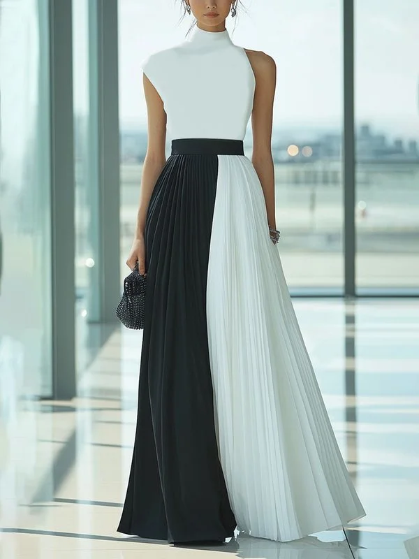 Pleated Contrast Color Sleeveless Loose Mock Neck Maxi Dresses